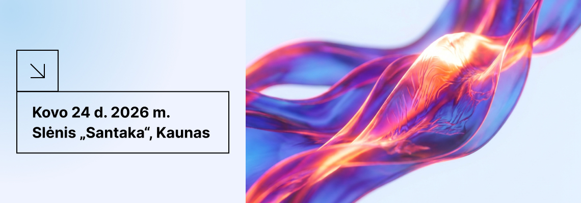 Abstraktus spalvingas vizualas su banguojančiomis mėlynos, violetinės ir oranžinės spalvų formomis &scaron;viesiame fone. Kairėje pusėje pateikta informacija apie renginį: &bdquo;Kovo 24 d. 2026 m., Slėnis &bdquo;Santaka&ldquo;, Kaunas&ldquo;. Vizualas pristato Nacionalinę konferenciją &bdquo;&Scaron;ilumos energetika-2026&ldquo;.
